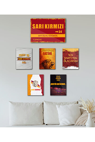 TABLOX 6 Parça "gǎlațasaray" Sarı Kırmızı Aslan Futbol Taraftar Sözleri MDF D...