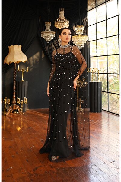 DADO BELLA Tül Üzeri 1000 Adet Kristal Taş İşlemeli İç Abiye Krep Kumaş Özel ...