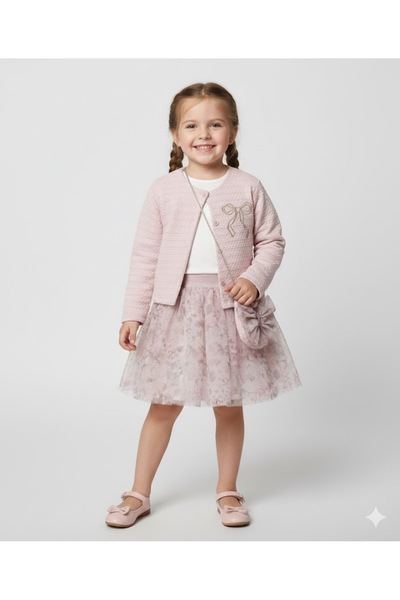 Baby Rose Bow Embroidered Cardigan Sweet+Bag Skirt 4-Piece Children's Set