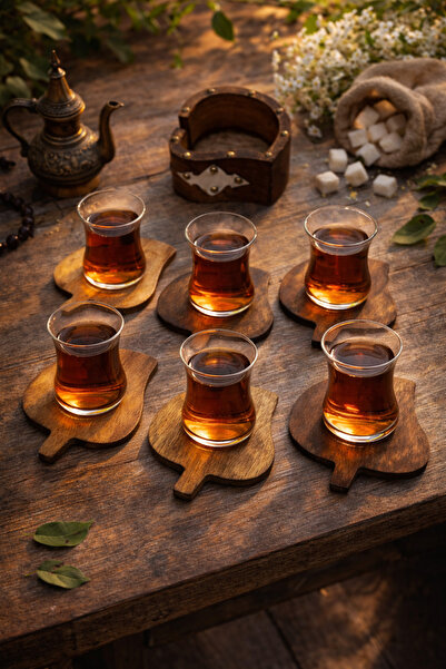 seymenbıçakçılık Wooden Tea Coaster Set – 6 Tea Coasters + 1 Wooden Storage C...