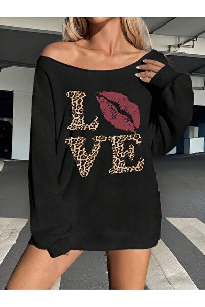 OVER HEAD Hanorac oversize pentru femei, cu imprimeu Love Lip, cu guler bărcuță