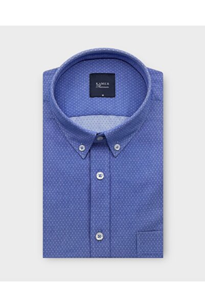 KAMER Regular Fit Long Sleeve Buttoned Collar Patterned Blue Shirt 4076m