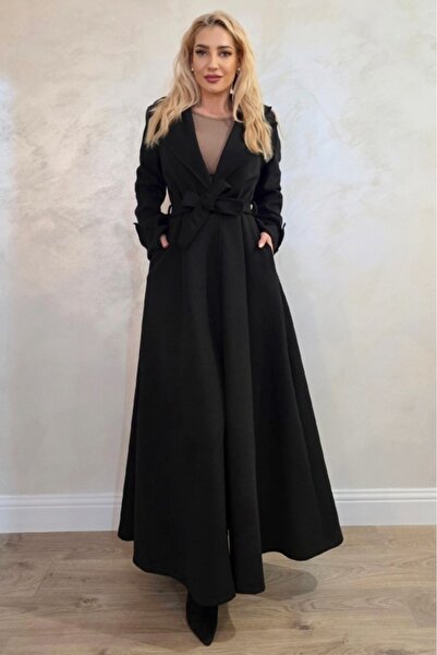 FashionForYou Long Coat with Buttons Merina, Pleats and Belt, Black, Size S/M/L