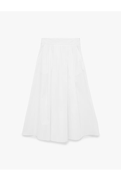 Koton Cotton Pleated Midi Poplin Flared Skirt with Pockets