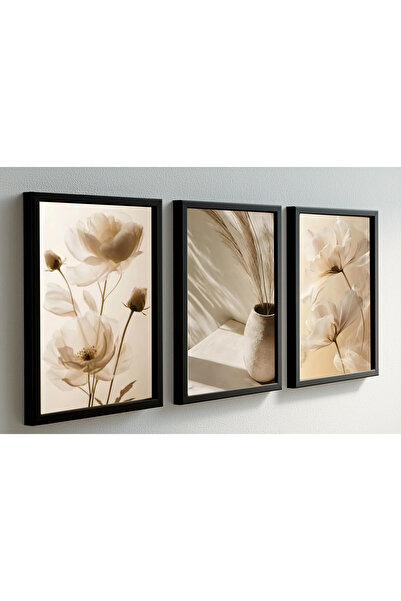 bestablo Minimal Çiçekli 3’lü Tablo Seti | Ahşap, Siyah, Beyaz Çerçeve | Mode...