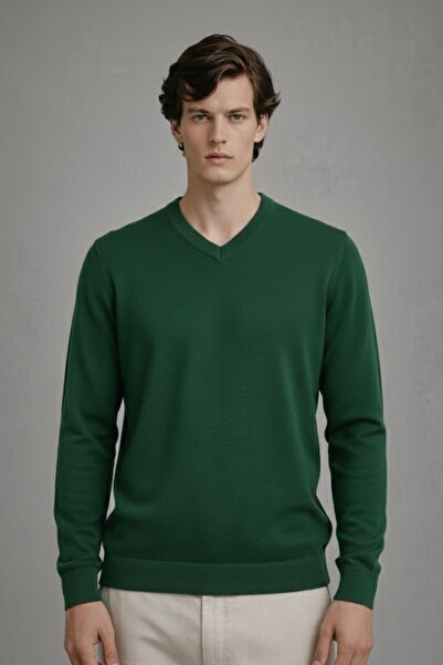 COMBİNE MİCHAİL Erkek Kışlık Bol Yeşil V Yaka Triko Kazak