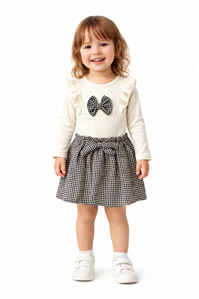 DECO %100 Pamuk Taşlı Fiyonklu Etekli Kahve Kız Takım 9 AY-3 YAŞ