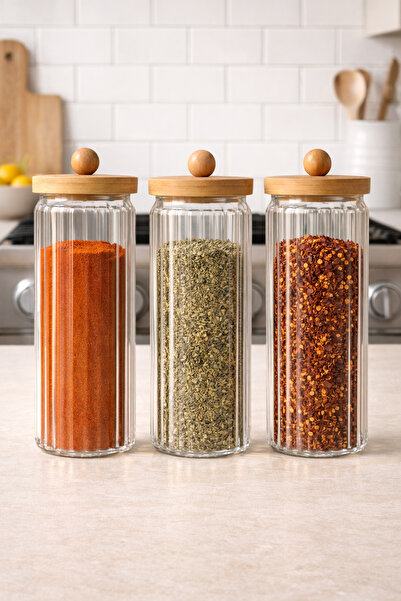 Kitchen Way Bamboo Lid and Gasket Striped 3-Piece Borosilicate 1500ml Jar Set...