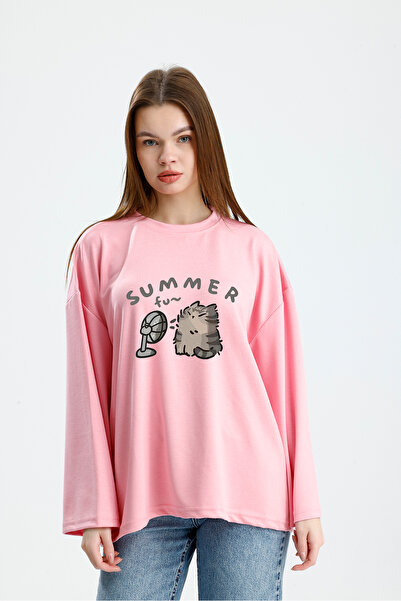 VOICTEC Oversized Modal Fabric Cat Printed Sweatshirt