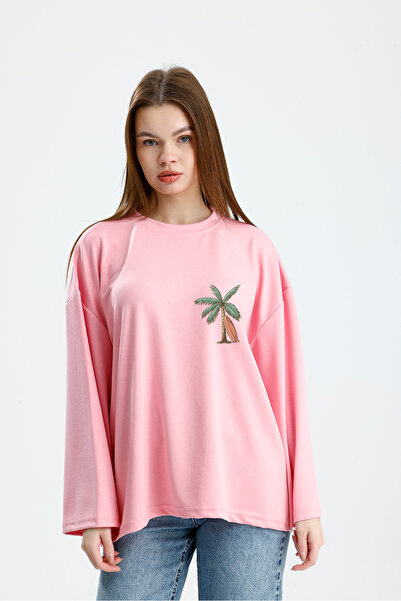 VOICTEC Oversized Modal Fabric Palm Printed Sweatshirt
