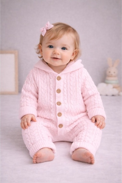 Superbaby Salopeta bebelusi tricotata roz cu gluga – calduroasa si moale