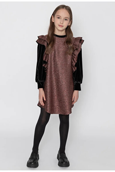 Little Ya Ya Love فستان بناتي بأكمام مخملية براقة برونزية اللون