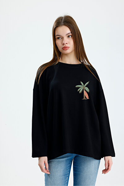 VOICTEC Oversized Modal Fabric Palm Printed Sweatshirt