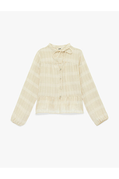 Koton Linen Blend Long Balloon Sleeve Round Lace-Up Neck Blouse