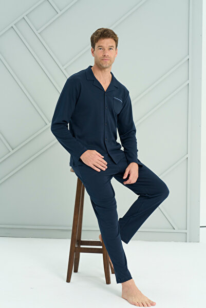 Owersleep بدلة رجالية من نوع إنترلوك بزر أمامي كبير الحجم |   الأزرق الداكن 2228