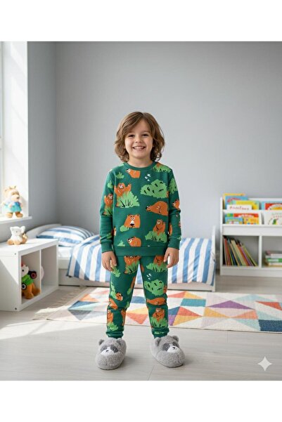 Yağmur Giyim İsob Teddy Bear Patterned Interlock 100% Cotton Boys' Pajama Set...
