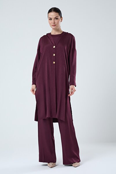 Jupe Kadın Altın Düğme Detaylı İpek Kupra Üçlü Salaş Takım 8586