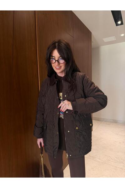 begum mayda Orijinal Model , Kadife Yaka , Acıkahve , Kapitone Mont