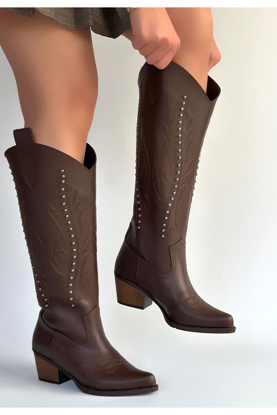 Lavish Gold Meof Bitter Brown Leather Heeled Boots