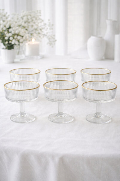 Evila 6 Kişilik Altın Detaylı Ayaklı Cam Tatlı Sunumluk | Magnolia Dondurma K...