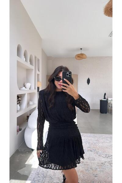Buket Teke Black Drape Detailed Lace Dress