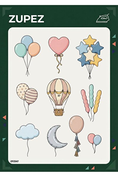 zupez Balon Temalı Dekoratif Desen Ütü Transfer Baskı Premium Kumaş ZPZ047