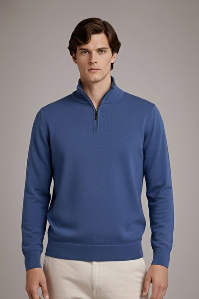 COMBİNE MİCHAİL Pulover casual albastru din tricotaj pentru bărbați, cu fermoar
