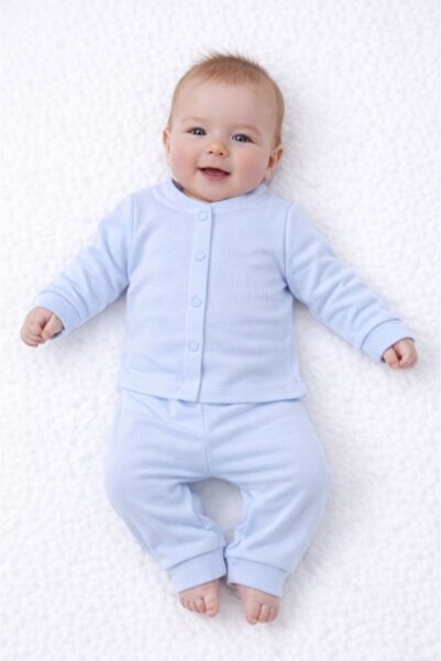 Superbaby 2-piece baby set, ribbed cotton – Blouse with buttons and pants, bl...