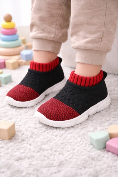 Superbaby Mocasini , negri cu model rosu cu talpa antiderapanta