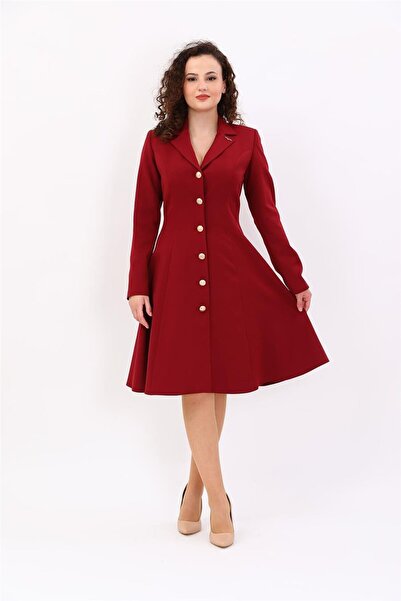 ÖNDER ÖZSOY Prenses Düğmeli Zarif Kadın Elbise-Bordo