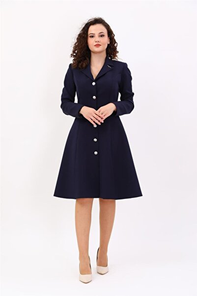 ÖNDER ÖZSOY Prenses Düğmeli Zarif Kadın Elbise-Lacivert