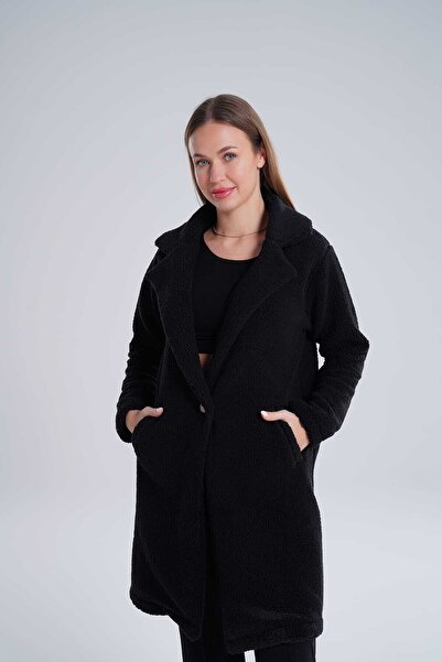 EtkiModa Women's Black Mono Collar Unlined Fleece Coat