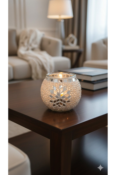 ARUZEN Mozaik Cam Mumluk – Beyaz Kar Tanesi Desenli (Dekoratif)