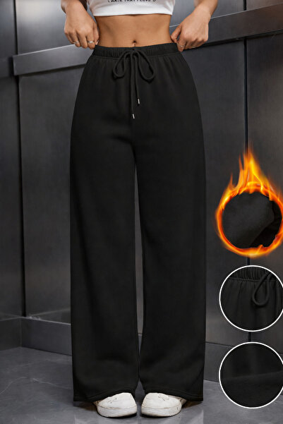 De Carte Kadın Şardonlu İçi Pamuklu Geniş Paça Siyah&Gri Oversize Rahat Kalıp...