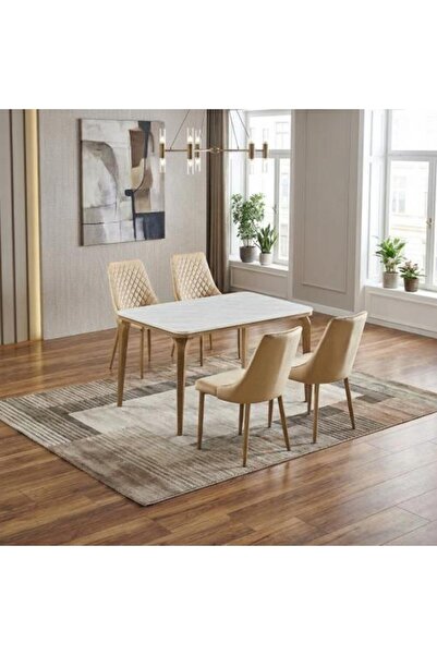 BAITY Dining Table Faux Marble 4 Seats Velvet - Beige