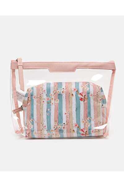 REDTAG Women Pink 2-Piece Transparent Striped Cosmetic Bag Set