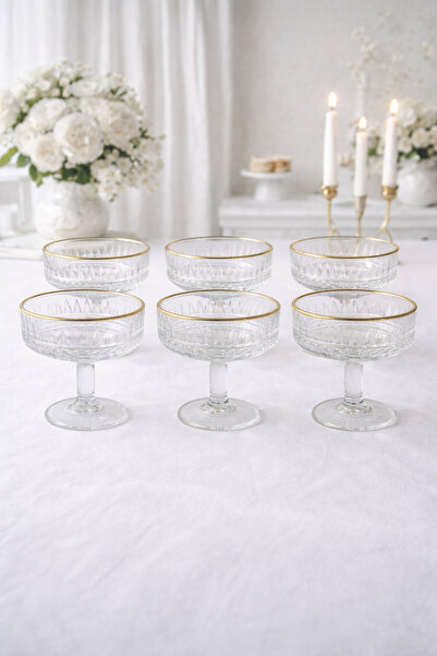 Evila 6 Kişilik Altın Detaylı Ayaklı Cam Tatlı Sunumluk | Magnolia & Tatlı Ka...