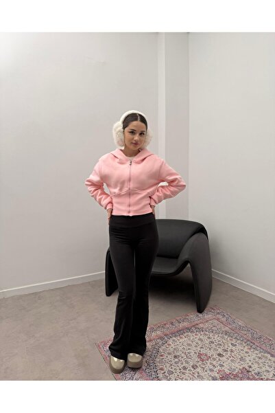 mfkeskin Fermuarlı Kapşonlu Bel Korse Hırka-Pembe