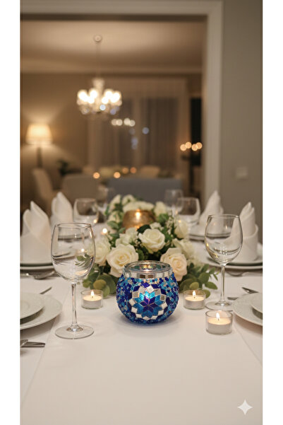 ARUZEN Mozaik Cam Mumluk – Mavi Yıldız Desenli (Dekoratif)