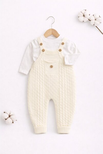 Superbaby Salopeta bebelusi 2 piese ivoire, tricotata, stil clasic cu bretele