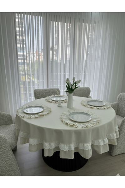 eyma home 100% Cotton Raw Linen Scalloped Ruffled Tablecloth