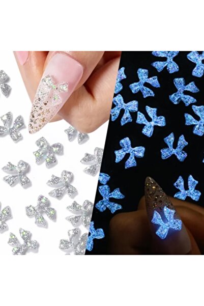 Pink Nails 3D Glow in the Dark Silver Glitter Bow Set