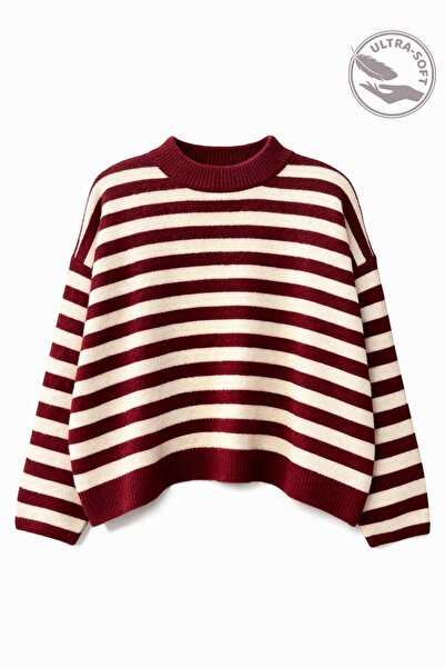 Mixray 7016 women's wool blend striped Oversized basic knit sweater - burgundy