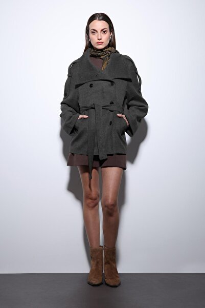 Antioch Anthracite Mock Neck Double-Breasted Women's Coat