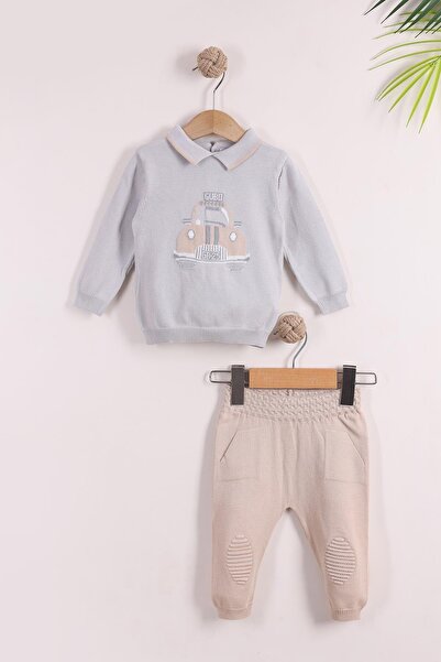 kidello Gray Baby Boy Polo Neck Car Pattern Knitwear Set 0-3, 3-6, 6-9 Months