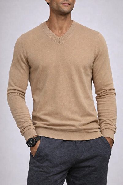 COMBİNE MİCHAİL Men's Long Sleeve Loose V-Neck Caramel Knit Sweater