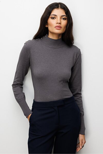 Mixray 7002 women's buttoned shoulder knit sweater anthracite