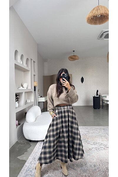 Buket Teke Brown Mink Elastic Plaid Kiloş Skirt