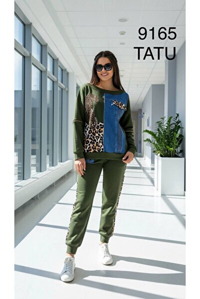 RED WOMAN FASHİON Denim and Leopard Print Detailed Top and Bottom Set