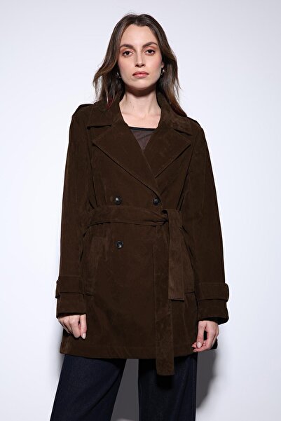 Antioch Brown Suede Look Women's Trench Coat